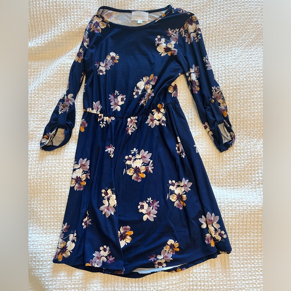 French Grey Blue Flowy Flowery Dress